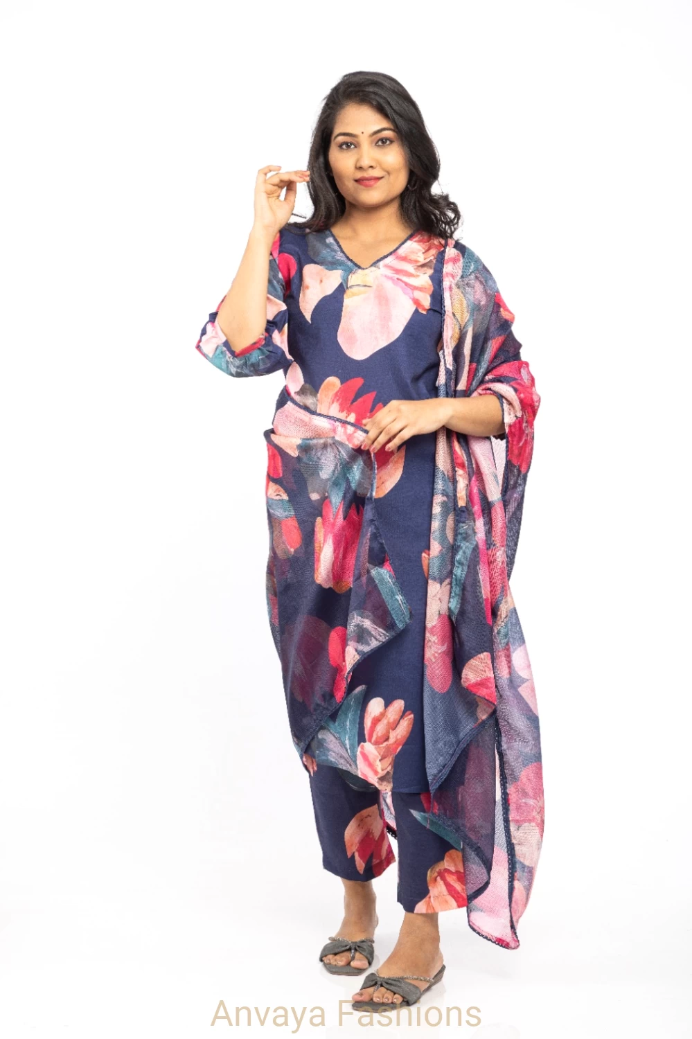 Midnight Blossom Rayon Slub Kurti Set with Dupatta