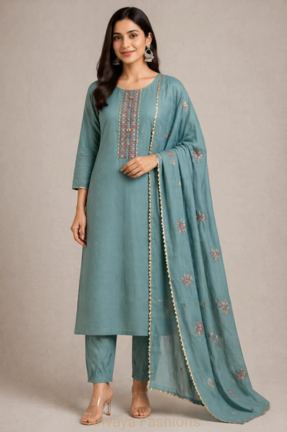 Dusty Teal Embroidered Kurta Set with Soft Embellished Dupatta