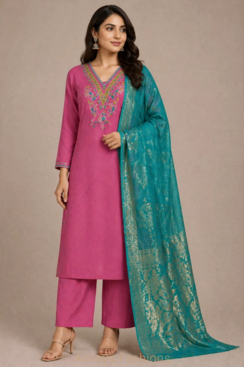 Fuchsia Pink Embroidered Kurta Set with Teal Banarasi Dupatta