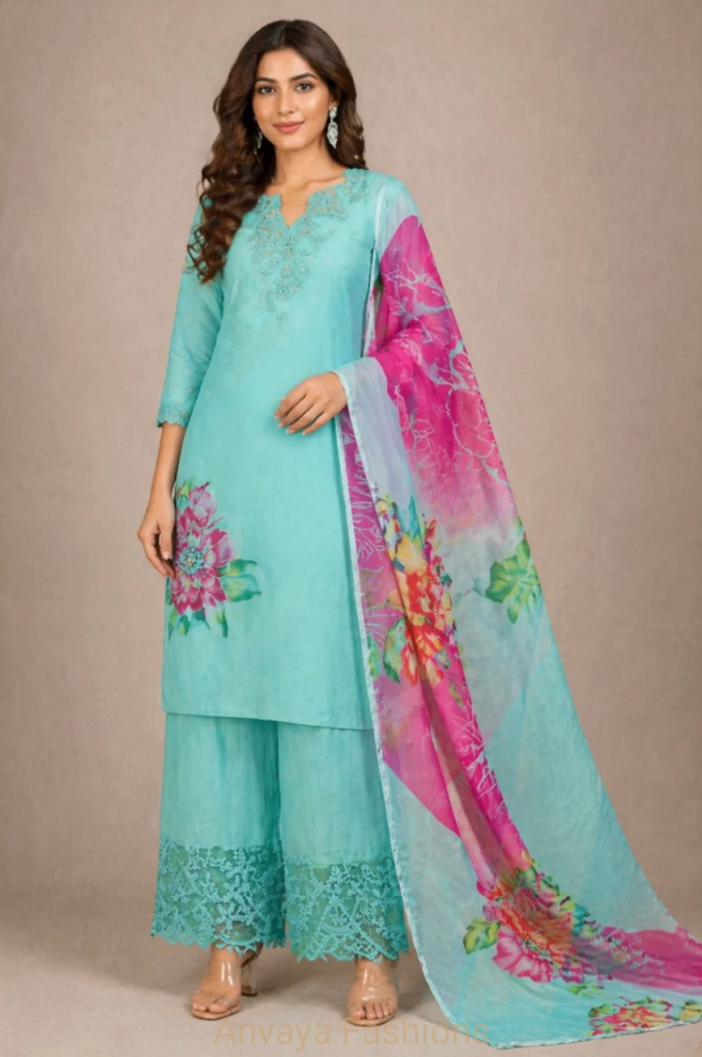 Aqua Bloom Floral Kurta Set