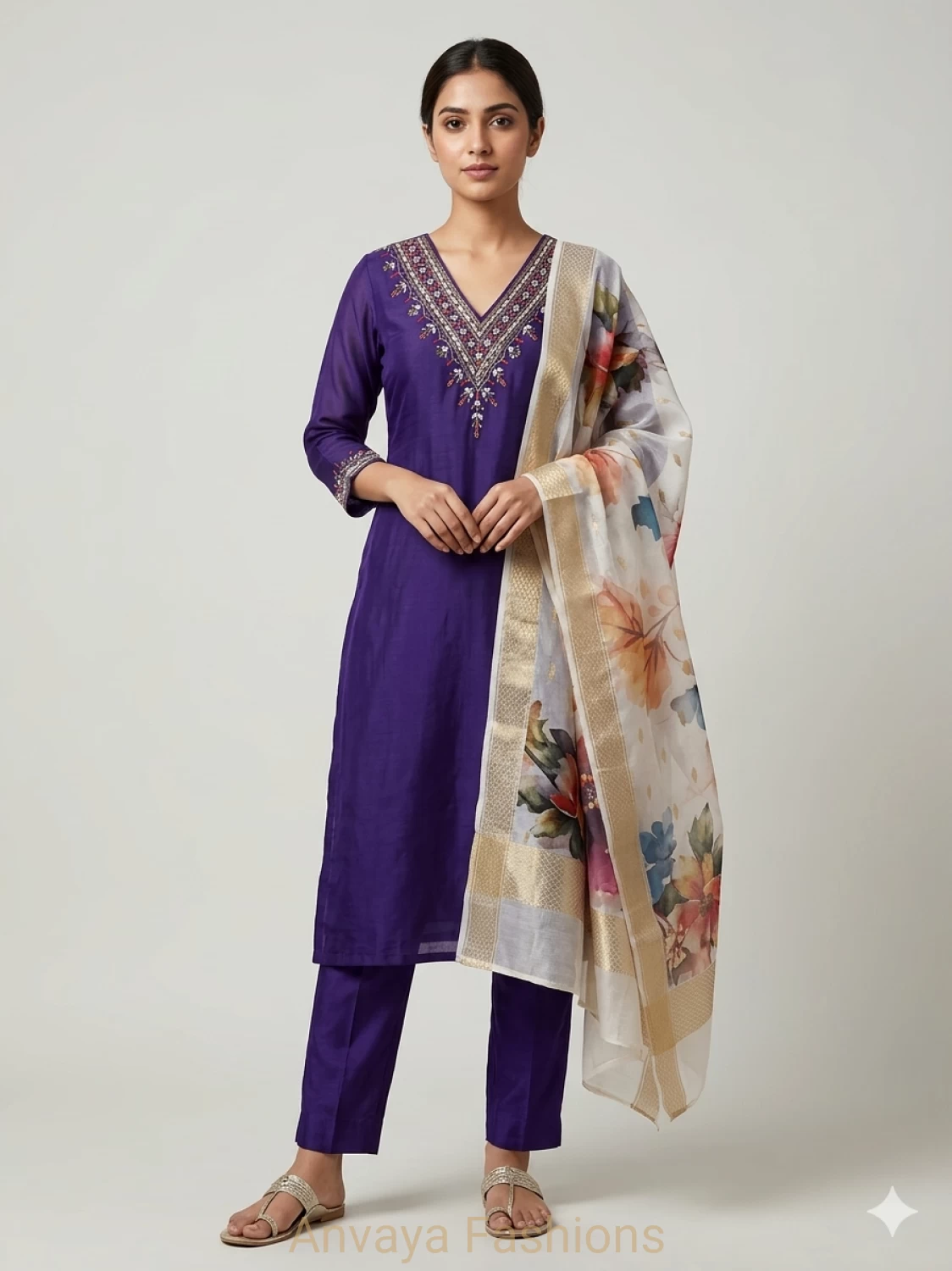Royal Violet Embroidered Kurti Set with Floral Dupatta
