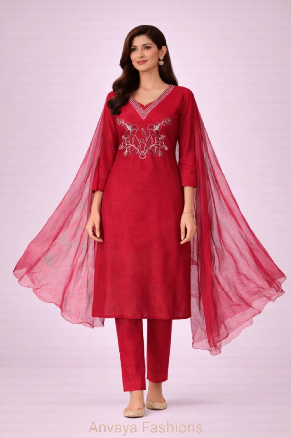 Crimson Charm Embroidered Kurti Set with Dupatta